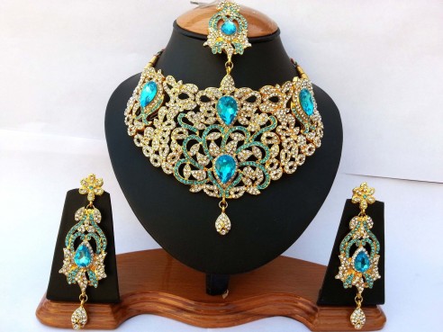 Parure indienne plaqué or pierres cristal bleu turquoise mariage