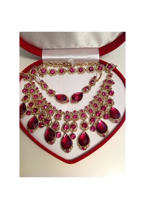 Parure plaqué or mariage strass rose fushia